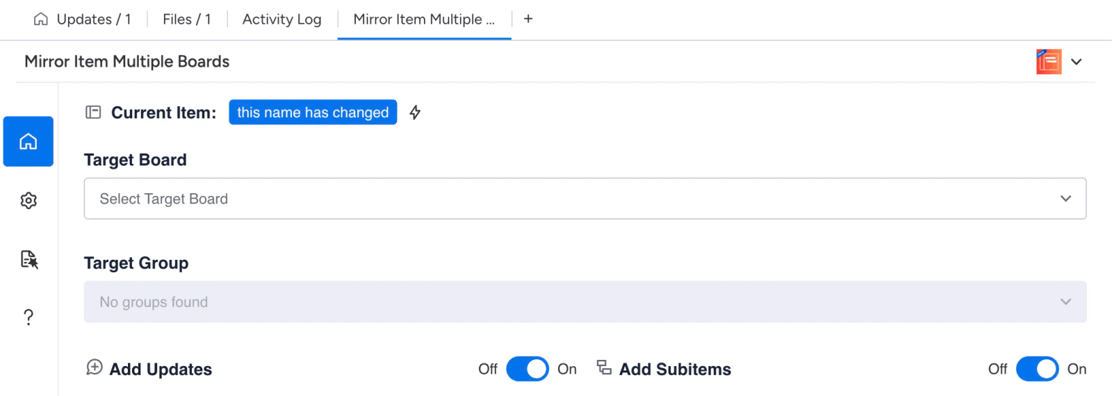 Select target board, group, and configure Add Updates / Add Subitems toggles