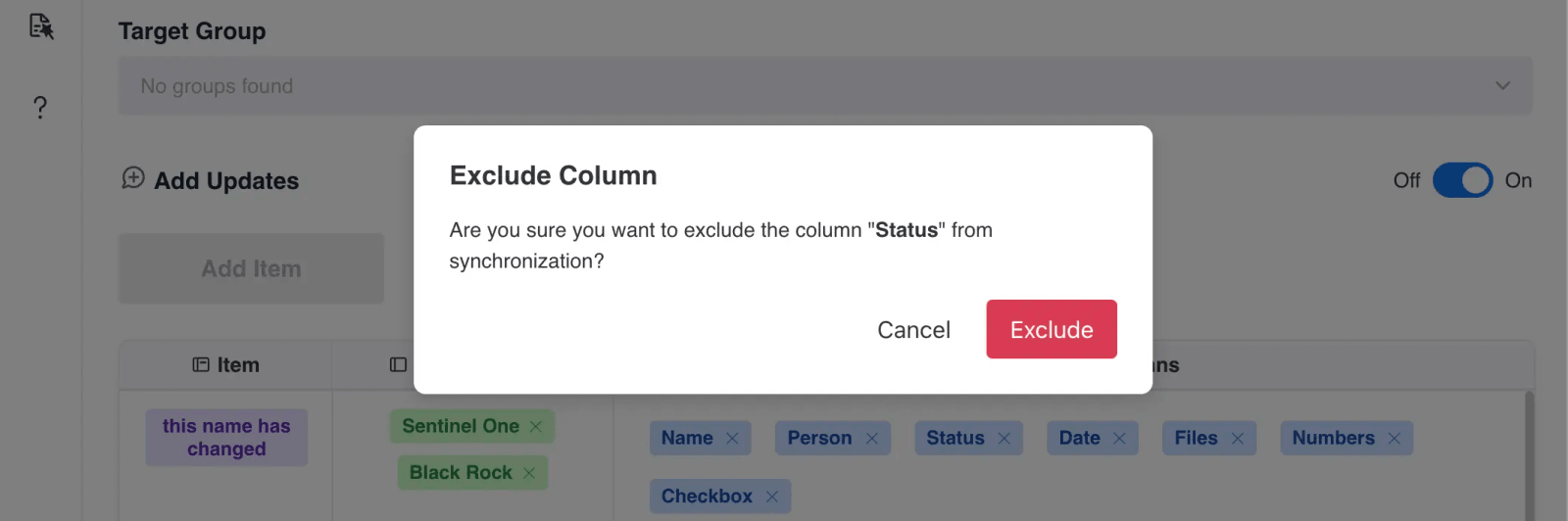 Exclude column confirmation modal