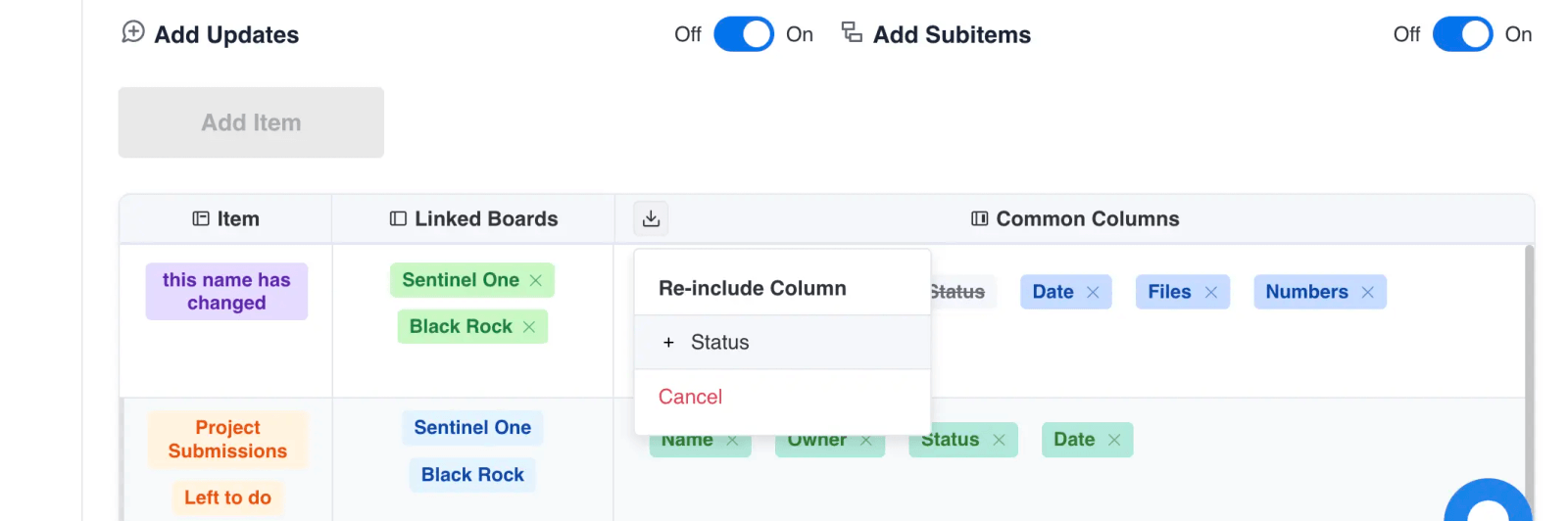 Re-include column menu listing an excluded column