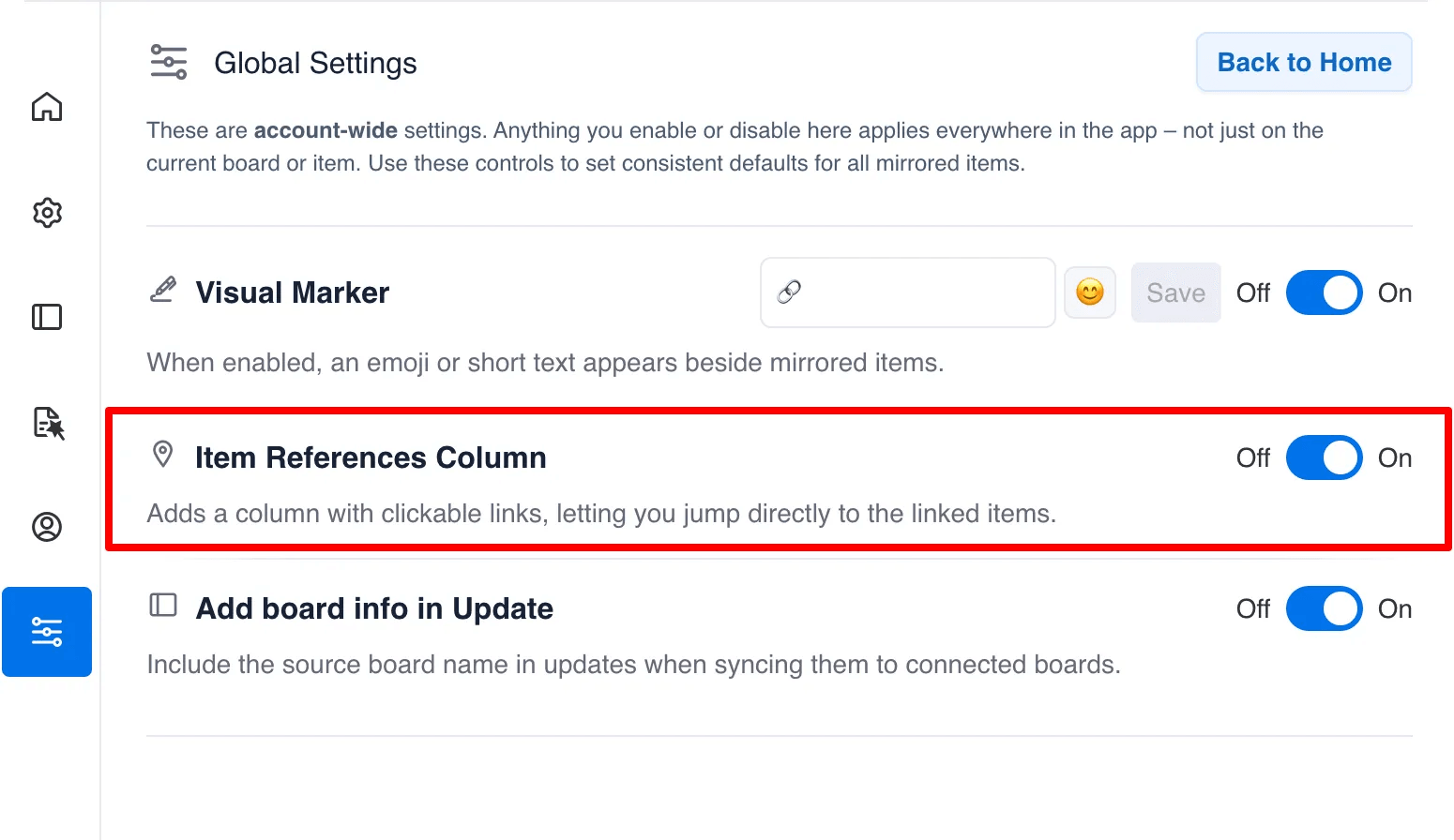 Item References Column settings in Global Settings